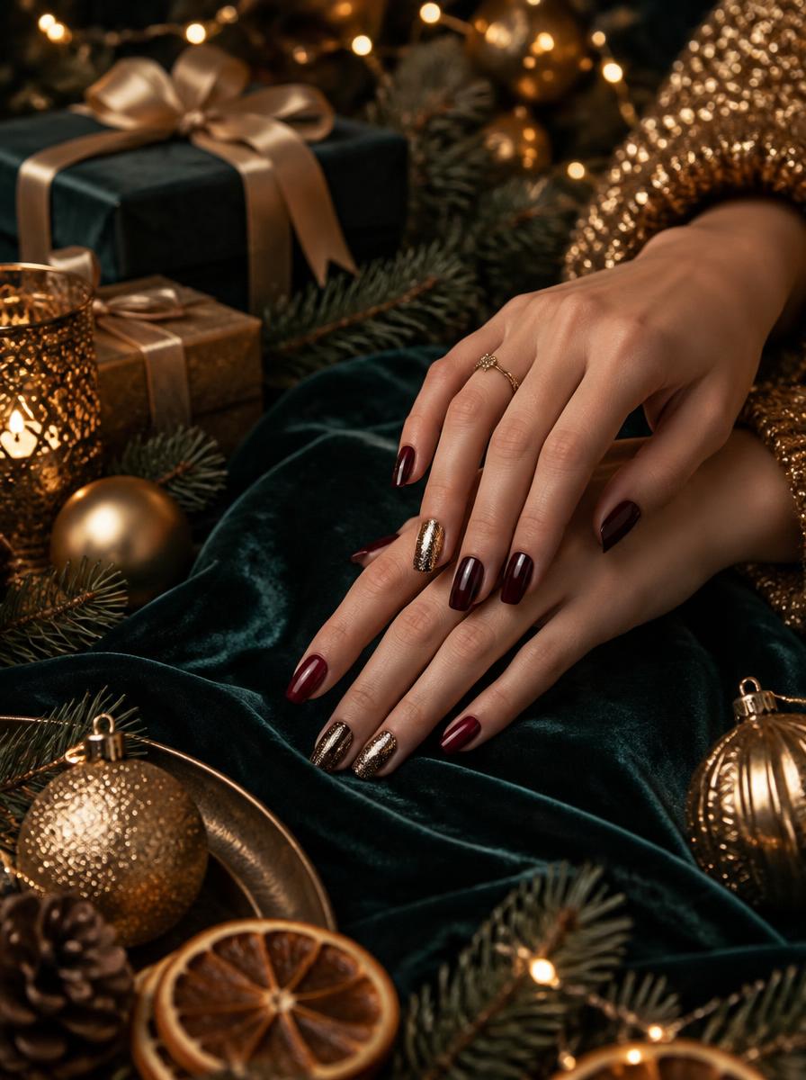 Burgundy and gold glitter holiday manicure on deep teal velvet with gold ornaments and pine